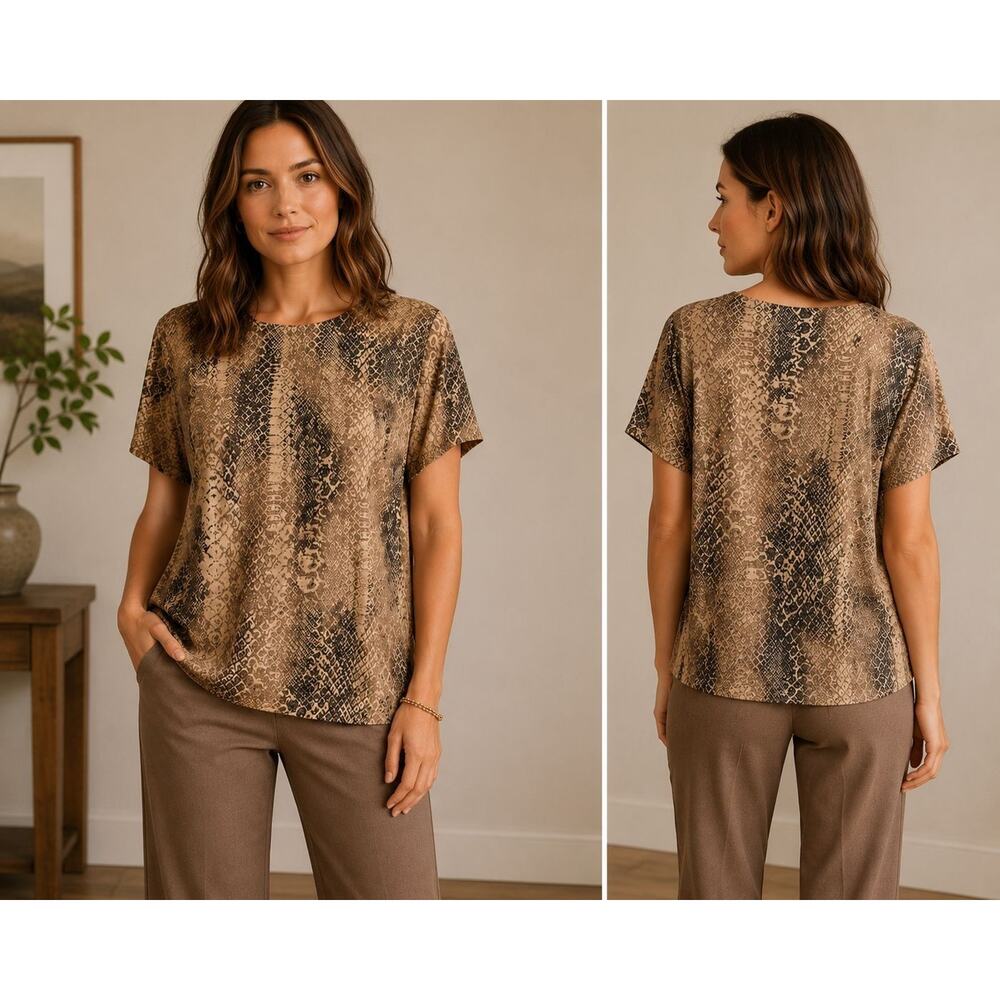 Lauren Ralph Lauren Women’s Large Snake Print Top Brown Beige Short Sleeve
